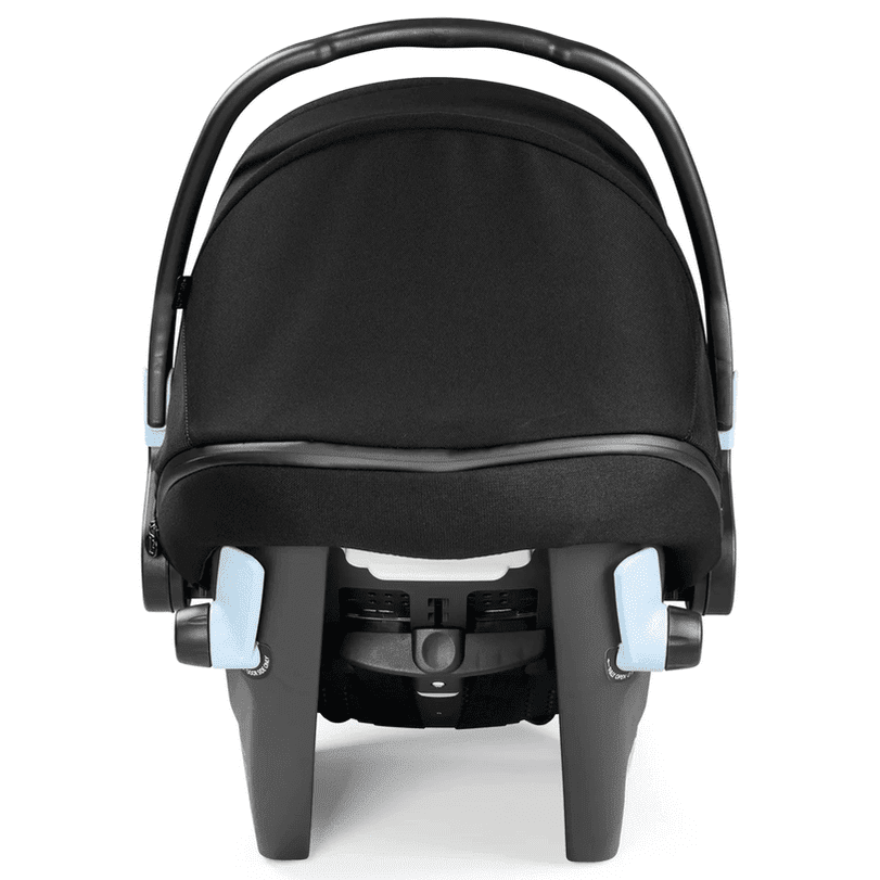 Peg Perego Primo Viaggio Nido infant car seat in black, rear view with light-blue side adjusters and carrying handle.