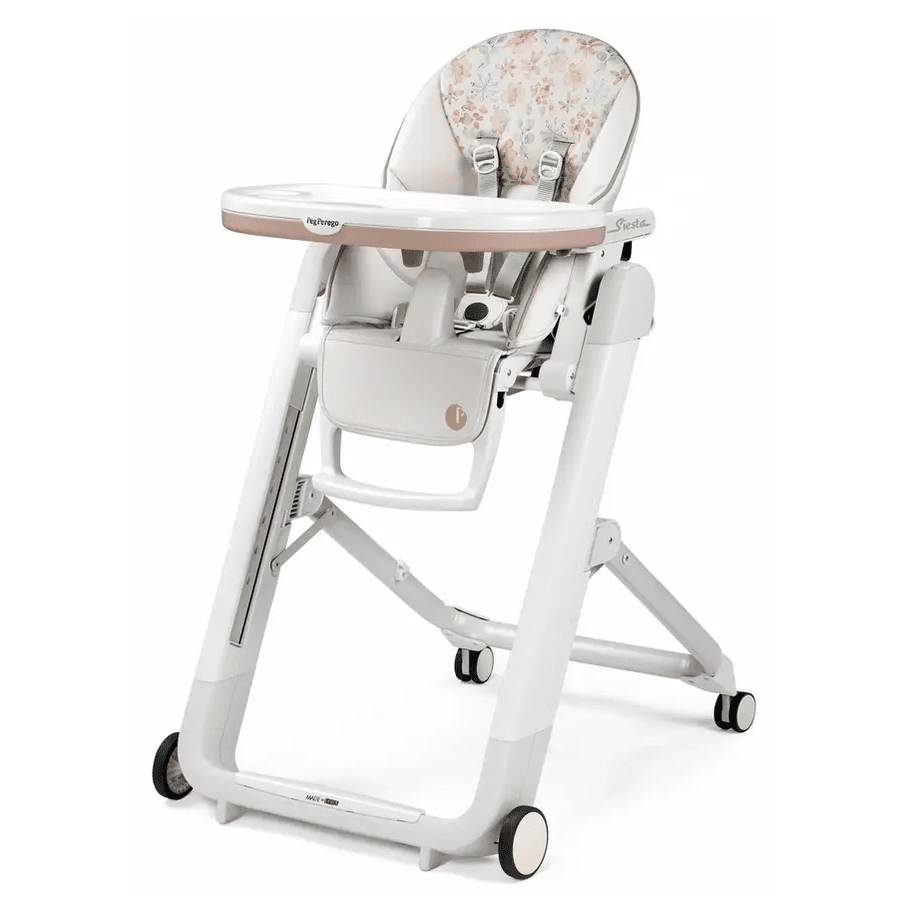 Peg Perego Siesta High Chair, white with pink floral cushion, adjustable tray and wheels