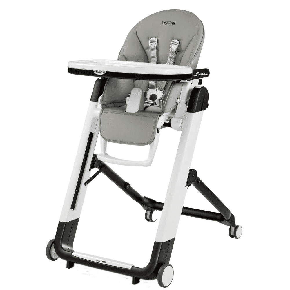 Peg Perego Siesta High Chair in gray with adjustable tray, 5-point harness, and caster wheels.