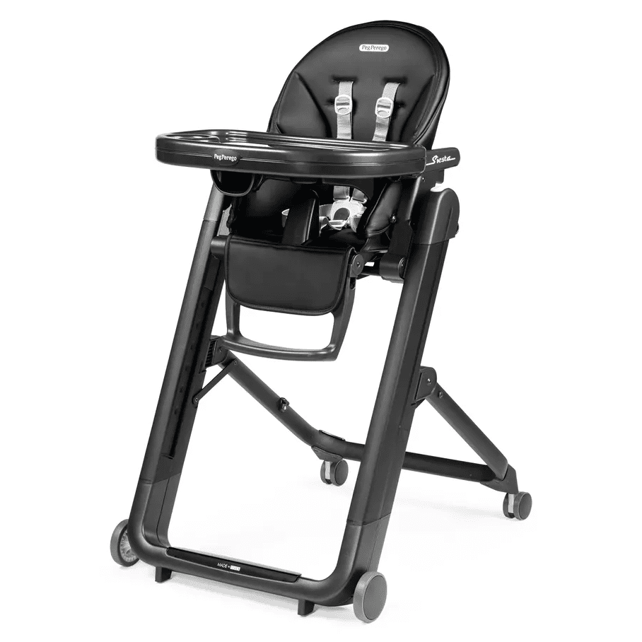 Peg Perego Siesta High Chair in black with tray, 5-point harness, and wheeled stand for easy mobility.
