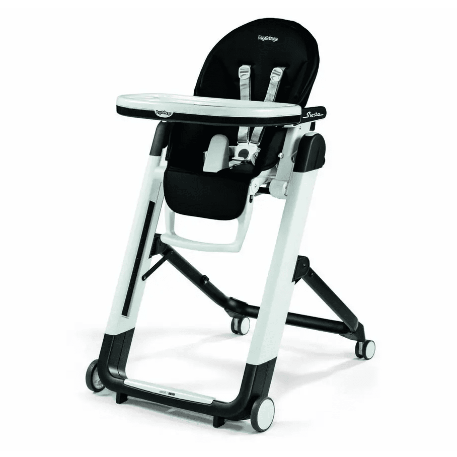 Peg Perego Siesta High Chair in white and black with adjustable front tray and 5-point harness.