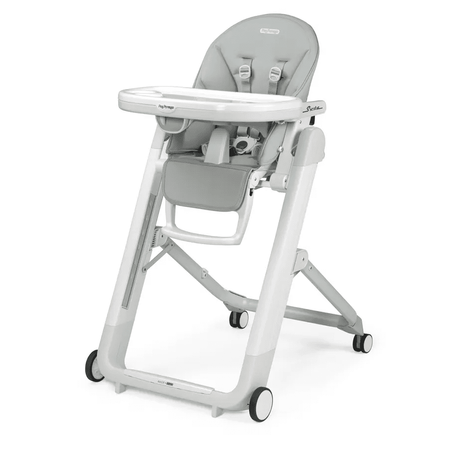 Peg Perego Siesta High Chair in light gray with adjustable tray and rolling wheels for mobility.