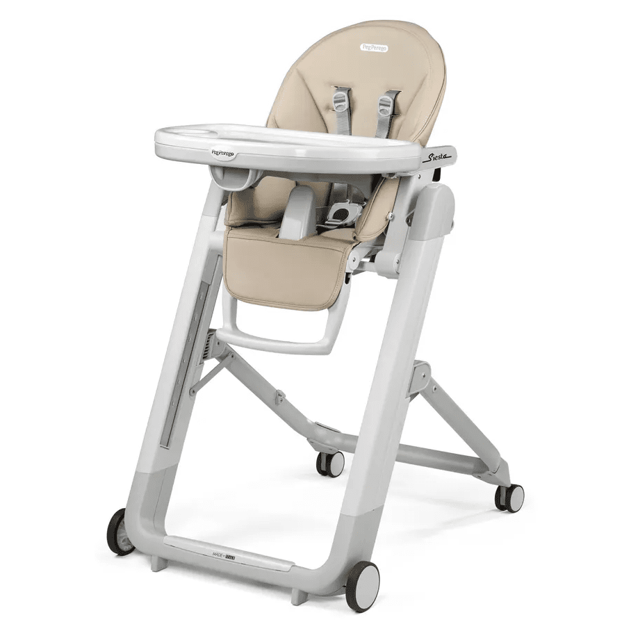Peg Perego Siesta High Chair in beige with tray and safety harness on a wheeled stand.
