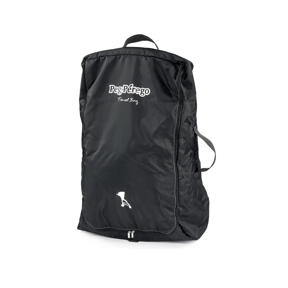 Peg Perego Stroller Travel Bag with Wheels in black nylon, showing top handle and shoulder strap for easy transport.