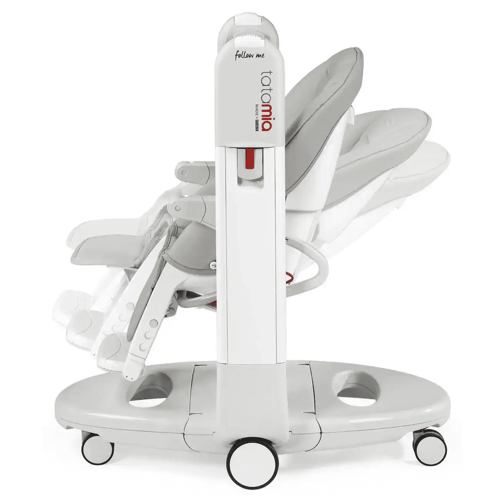 Peg Perego Tatamia High Chair in white/gray, reclinable seat and wheeled base for easy repositioning.