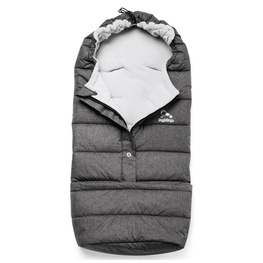 Peg Perego Vario Foot Muff in charcoal gray with white lining, opened to show cozy interior and logo.