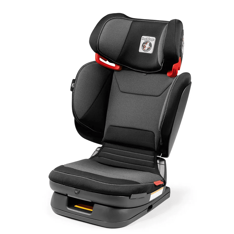 Peg Perego Viaggio Flex 120 Booster Seat in black/gray with red latches, shown on base for easy booster use.