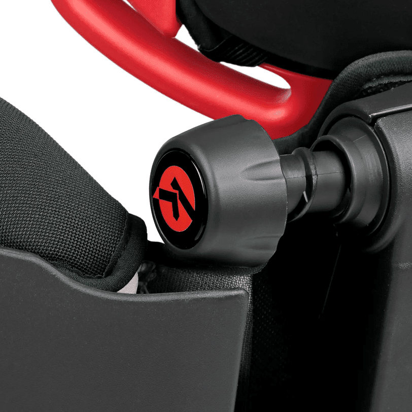 Peg Perego Viaggio Flex 120 booster seat with gray adjustment knob and red logo in close-up.