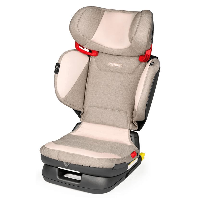 Peg Perego Viaggio Flex 120 Booster Seat in beige with cushioned headrest and red latches.