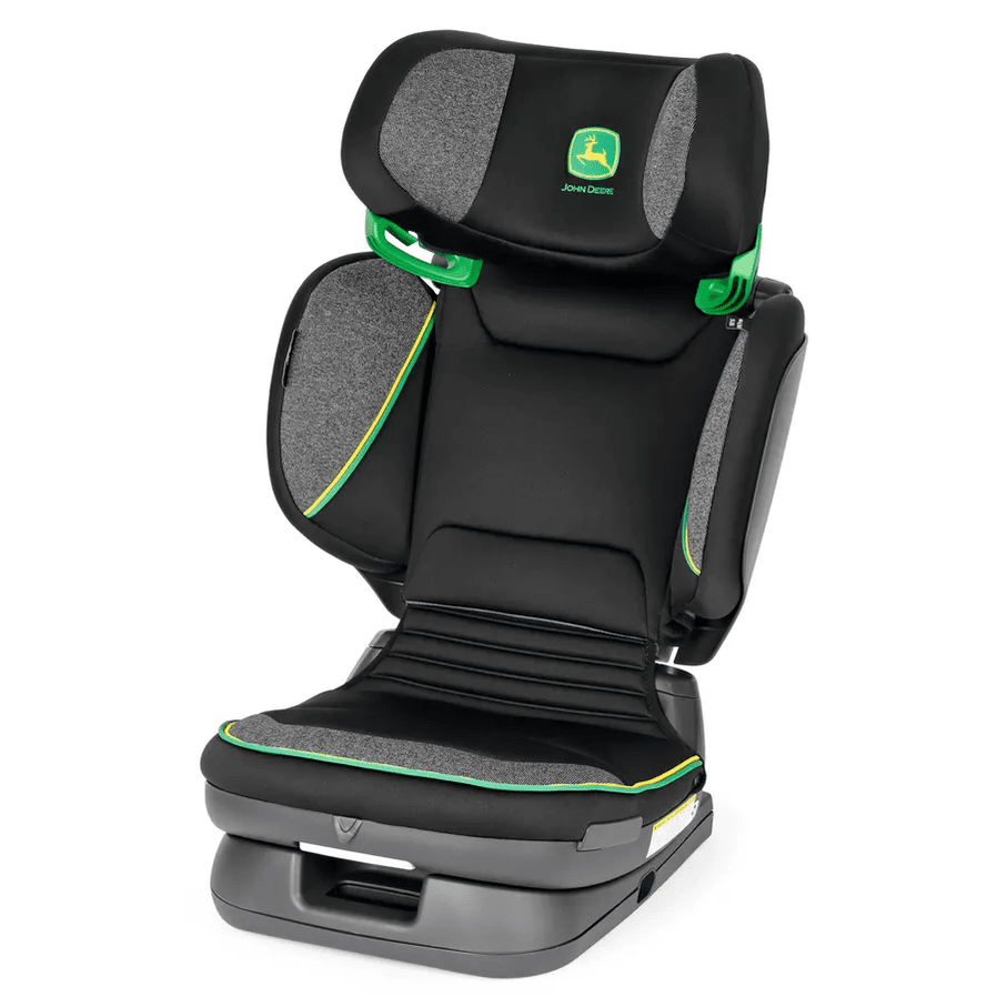 Peg Perego Viaggio Flex 120 booster seat in black/gray with green accents, featuring adjustable headrest and padded sides.
