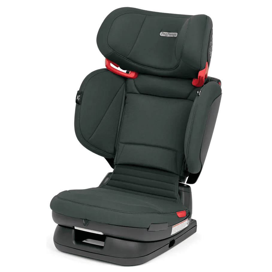 Peg Perego Viaggio Flex 120 Booster Seat in dark green, showing adjustable headrest and backrest with red release latch.