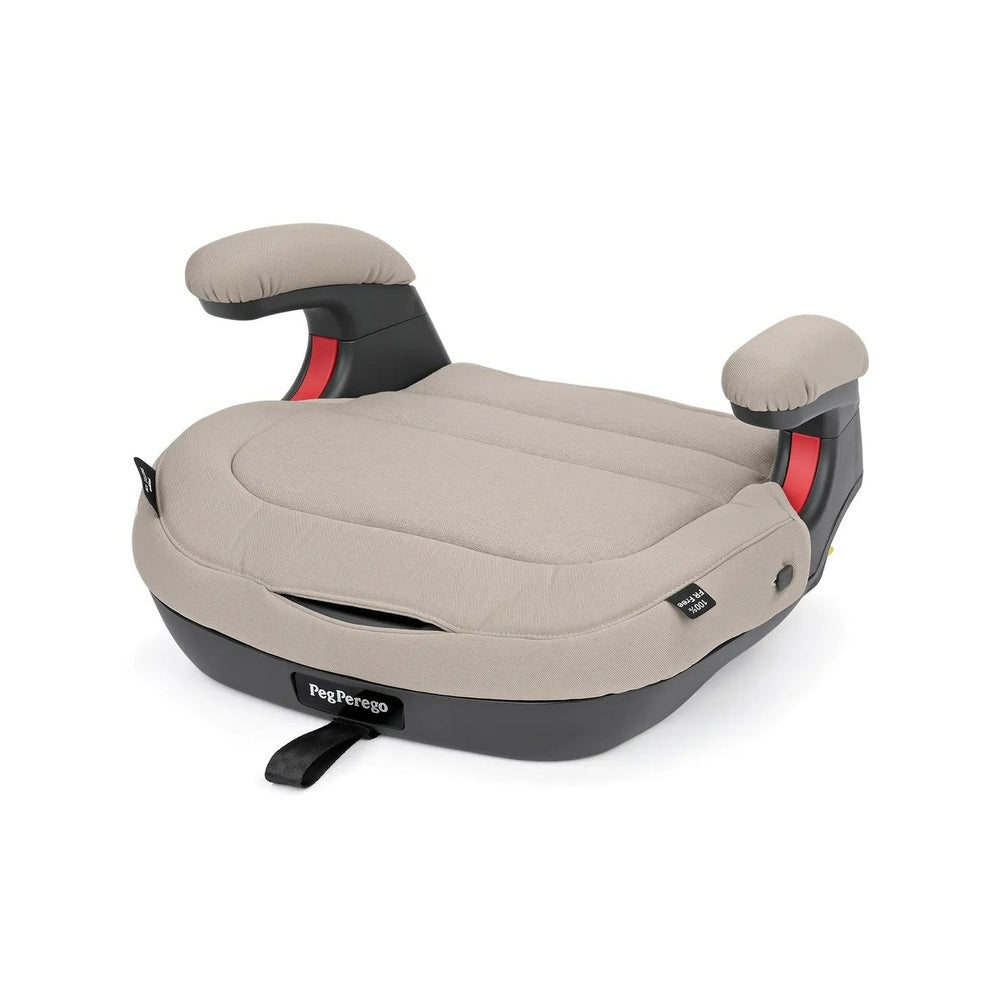 Peg Perego Viaggio Shuttle Booster Seat in beige with padded armrests and black base, PEG PEREGO visible.