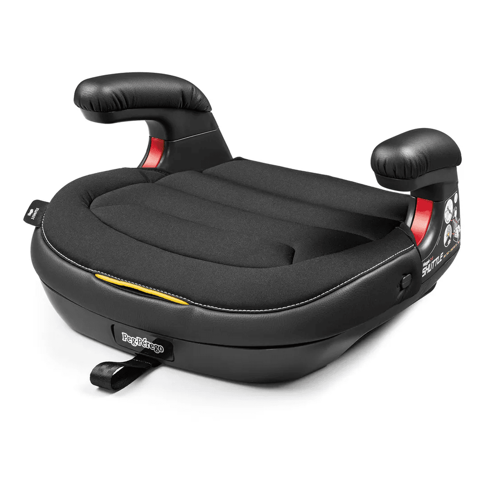 Peg Perego Viaggio Shuttle booster seat in black with padded armrests and yellow accent, ready for car use.