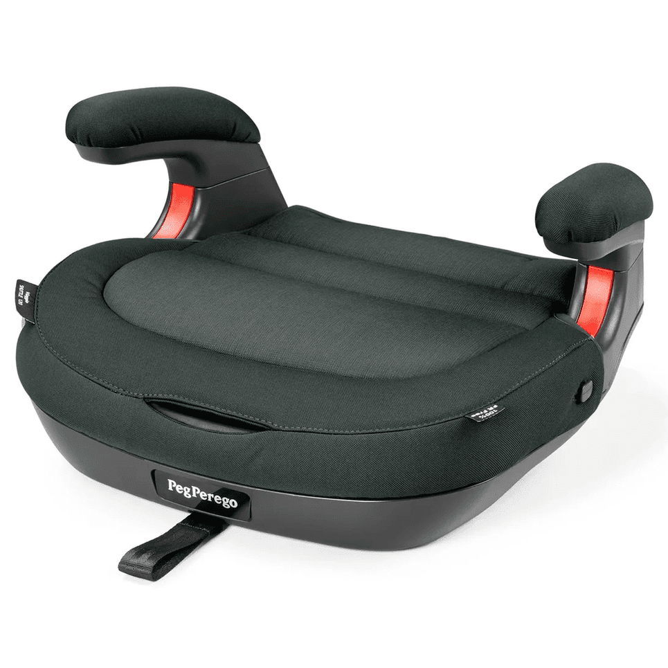 Peg Perego Viaggio Shuttle Booster Seat in dark green fabric, featuring side armrests and red belt guides for secure installation.