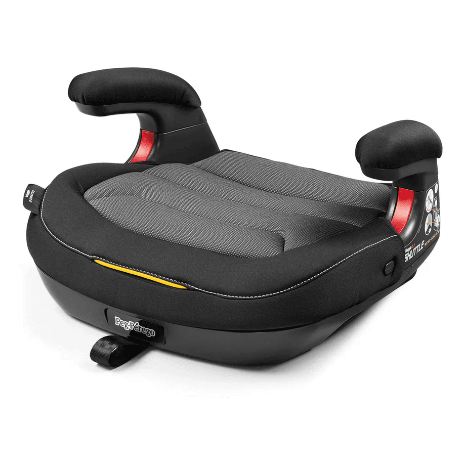 Peg Perego Viaggio Shuttle Booster Seat in black/gray with padded armrests, ready for car use.