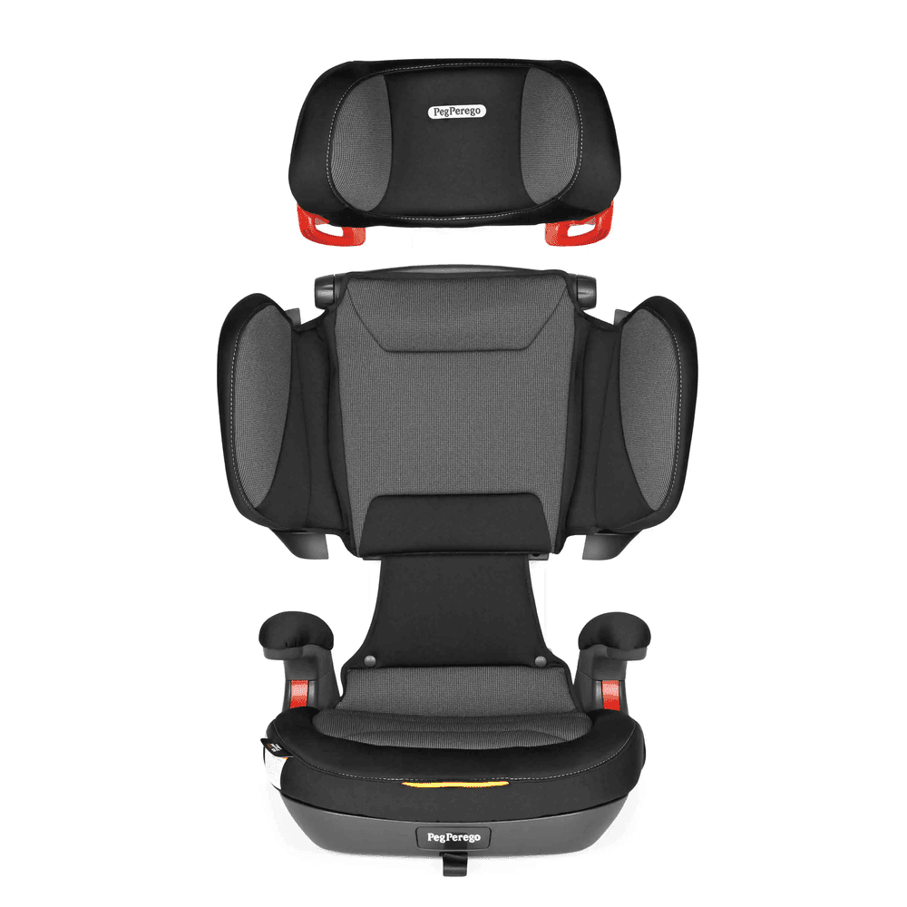 Peg Perego Viaggio Shuttle Plus 120 booster seat in black and gray with adjustable headrest and side wings.