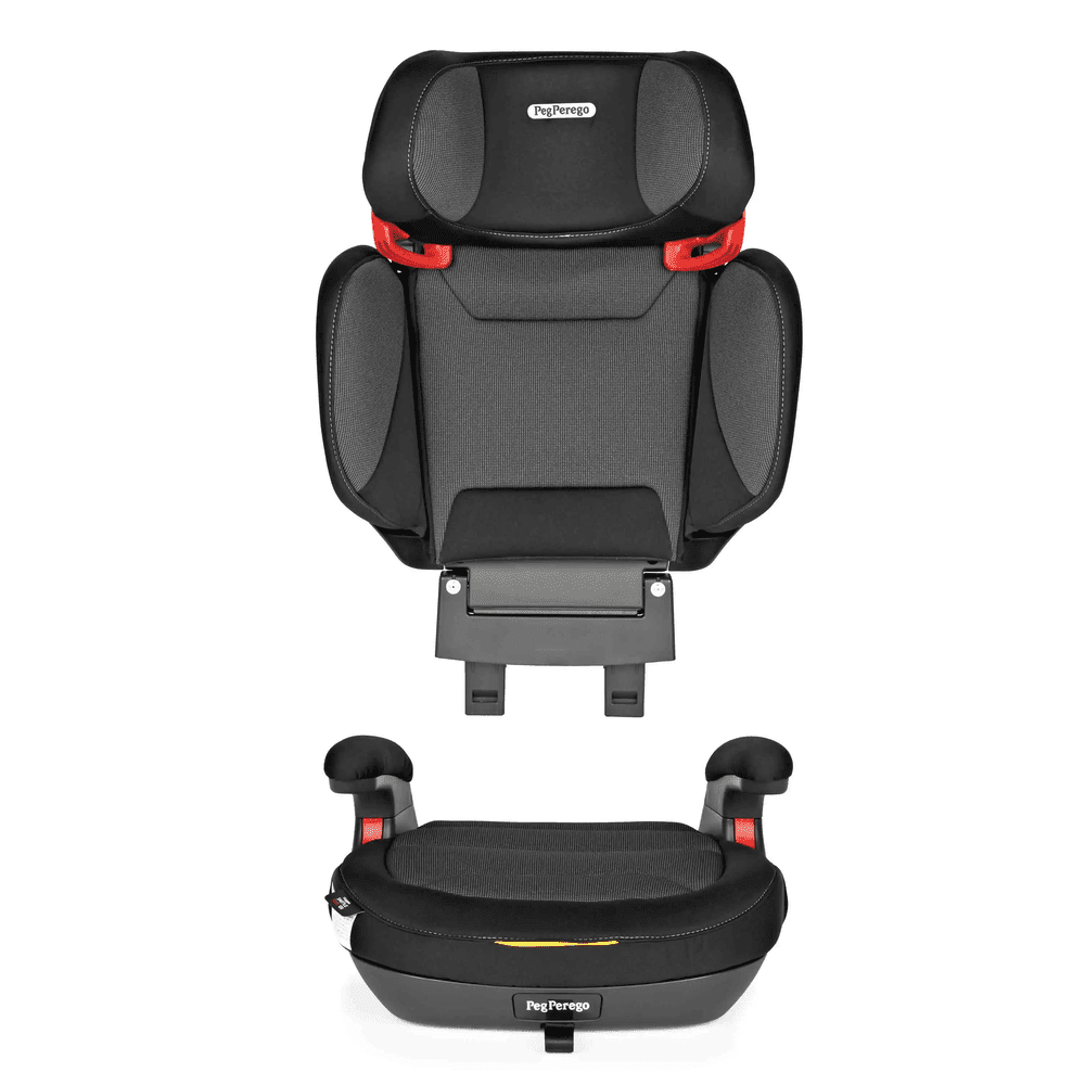 Peg Perego Viaggio Shuttle Plus 120 Booster Seat, black/grey with red latches, shown assembled with backrest and base.