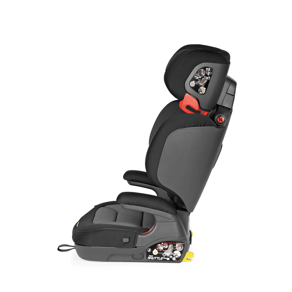 Peg Perego Viaggio Shuttle Plus 120 booster seat in black/gray, shown installed with adjustable headrest and cushioned armrests.