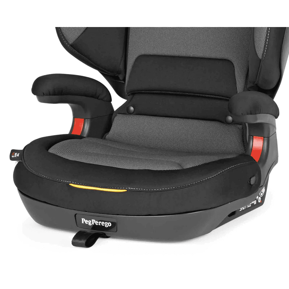 Peg Perego Viaggio Shuttle Plus 120 Booster Seat in black/gray with padded armrests and yellow belt-guide accent.