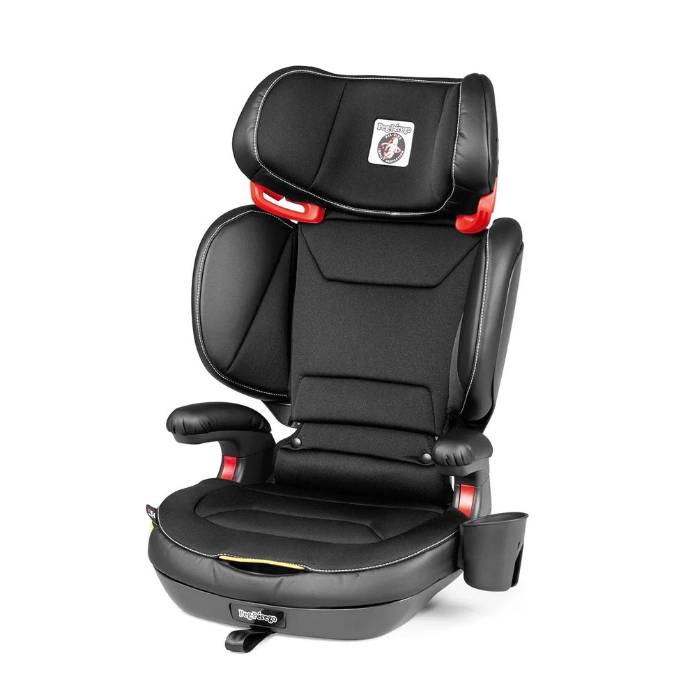 Peg Perego Viaggio Shuttle Plus 120 booster seat in black with red accents, high back and armrests.