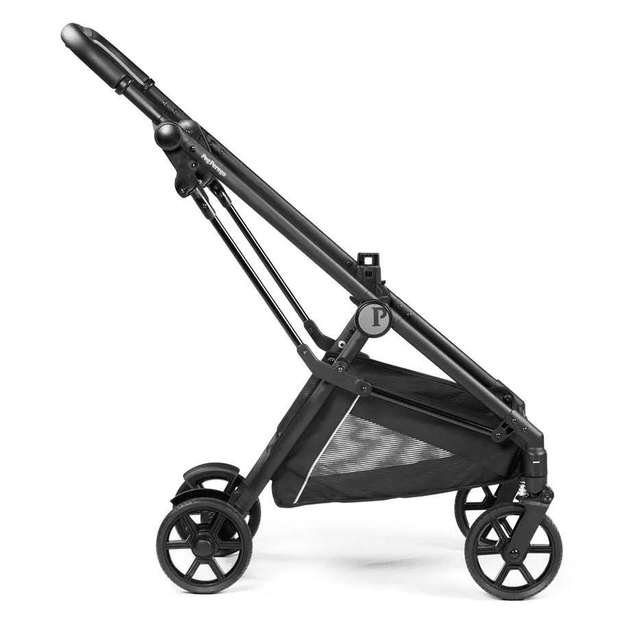 Peg Perego Vivace Stroller Chassis in black, compact folded frame with mesh basket and wheels.