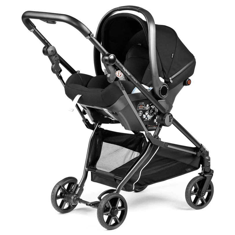Peg Perego Vivace Stroller Chassis in black with bassinet, sturdy frame and large wheels.