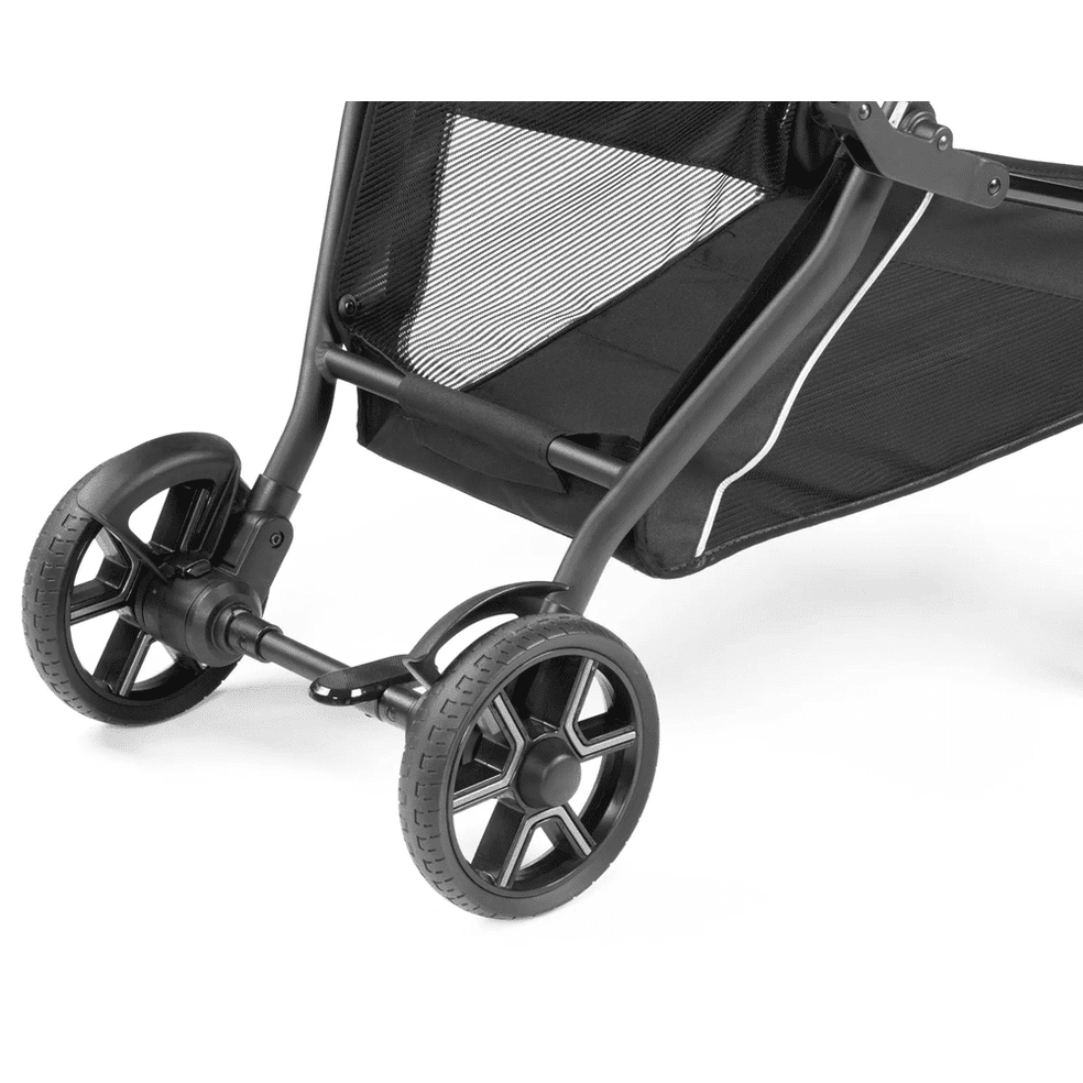 Peg Perego Vivace Stroller Chassis in black with mesh storage basket and sturdy 4-wheel frame ready for strolling.