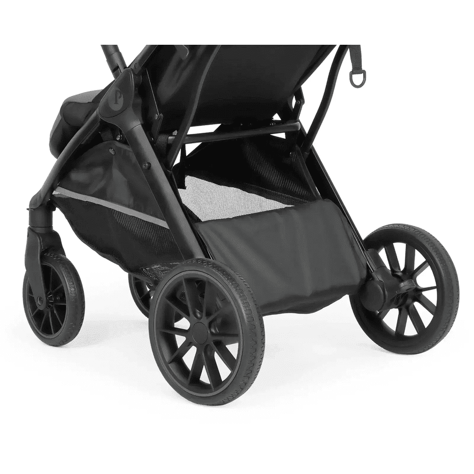 Peg Perego X-Country Travel Stroller in black with large wheels and undercarriage storage basket.