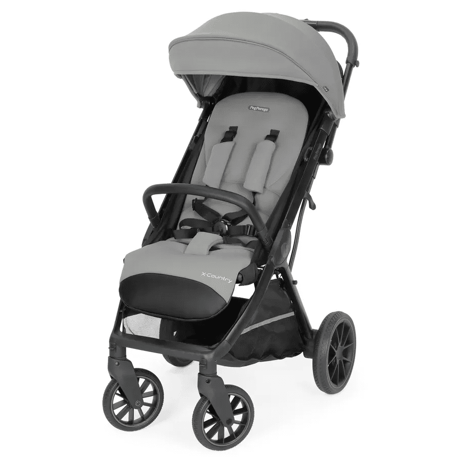 Peg Perego X-Country Travel Stroller in gray with padded seat, 5-point harness, and adjustable canopy.