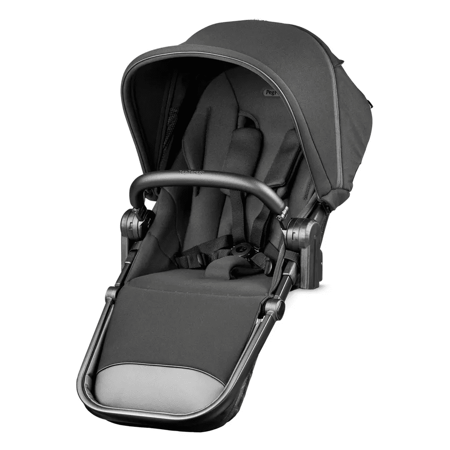Peg Perego YPSI Companion Seat in black, shows canopy extended and secure 5-point harness.