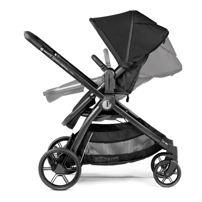 Peg Perego YPSI Companion Seat in black, showing adjustable reclining seat, canopy, and spacious lower storage basket.