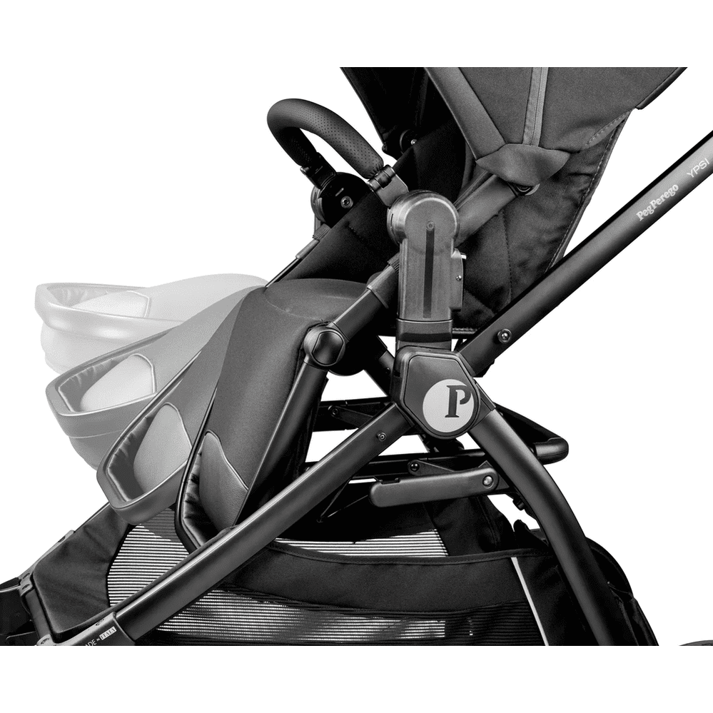 Peg Perego YPSI Companion Seat mounted on a black stroller frame, showing the attachment bracket.