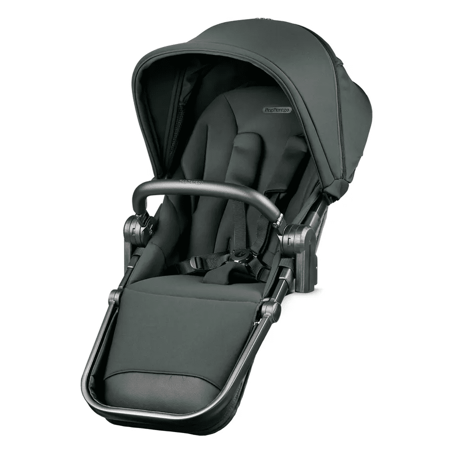 Peg Perego YPSI Companion Seat in dark green, with five-point harness secured and sun canopy extended.
