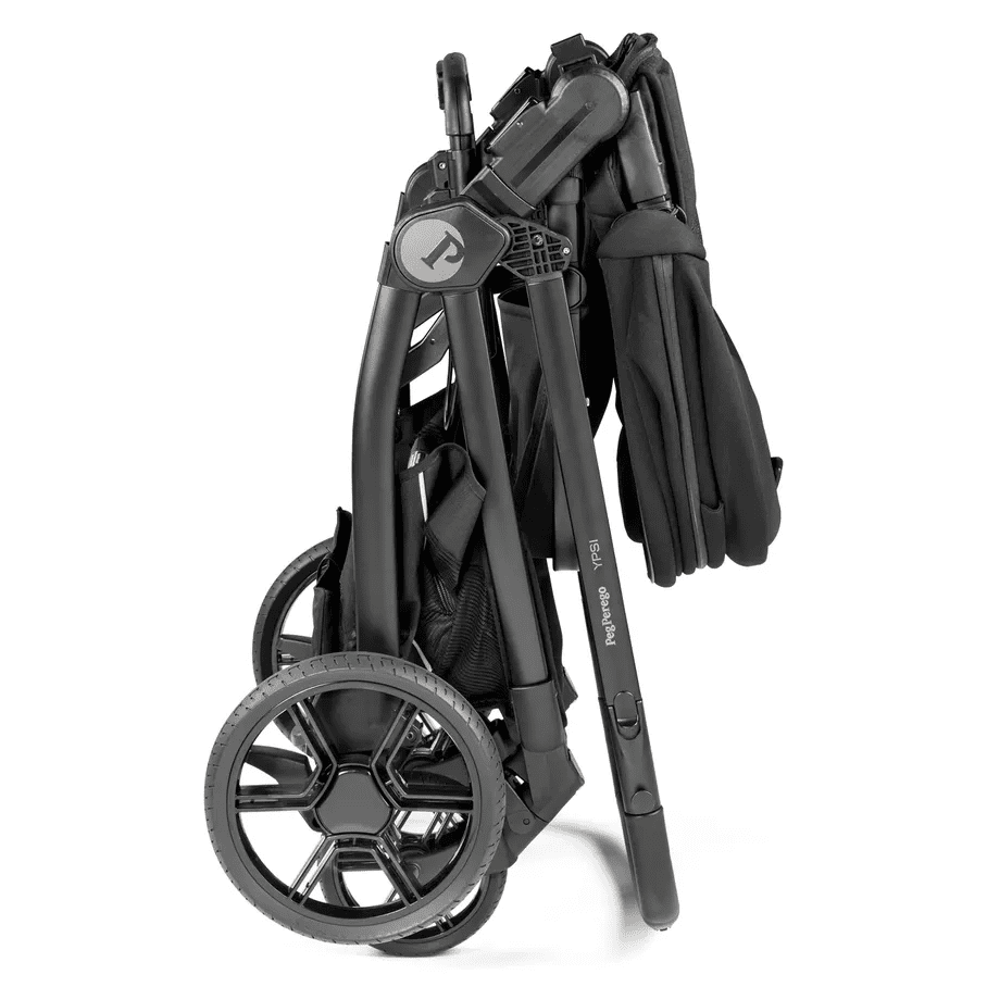 Peg Perego YPSI Stroller folded for compact storage; black frame with large wheels visible.