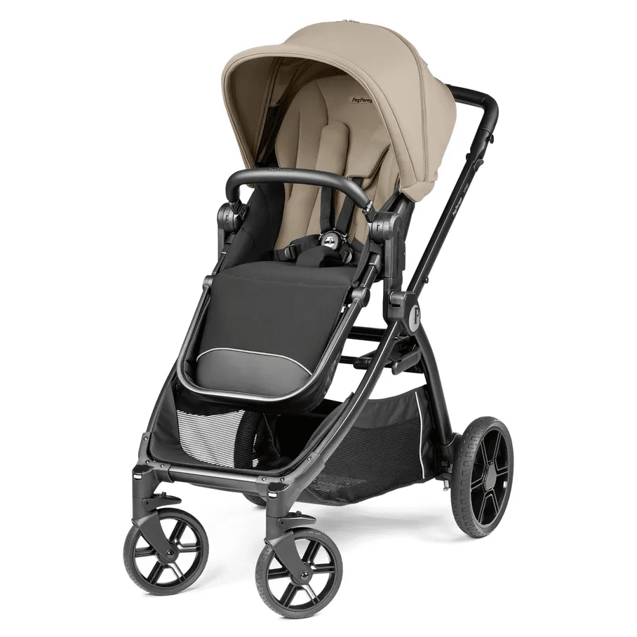 Peg Perego YPSI Stroller in beige with black frame, ready-to-push design with large wheels and front storage basket.