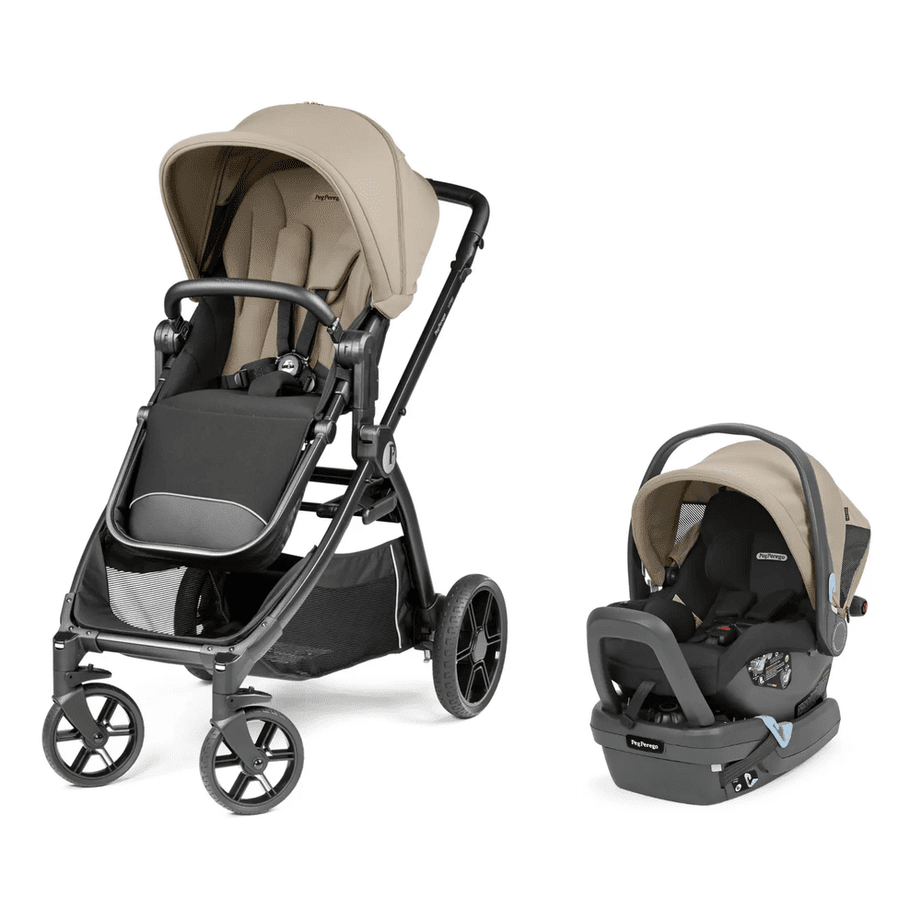 Peg Perego YPSI Travel System stroller with beige canopy and matching infant car seat, two-piece set.
