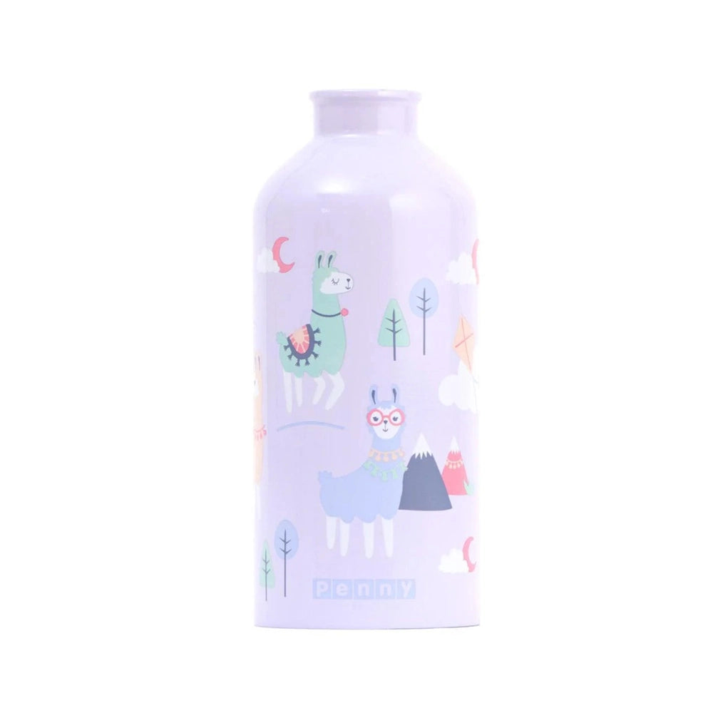 Penny Scallan stainless steel drink bottle in lavender with llamas and trees