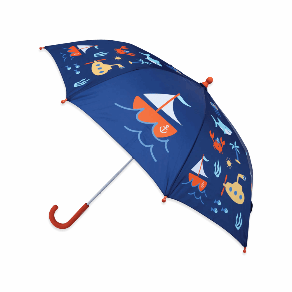 Penny Scallan design umbrella in blue nautical print with boats and crabs, red curved handle.