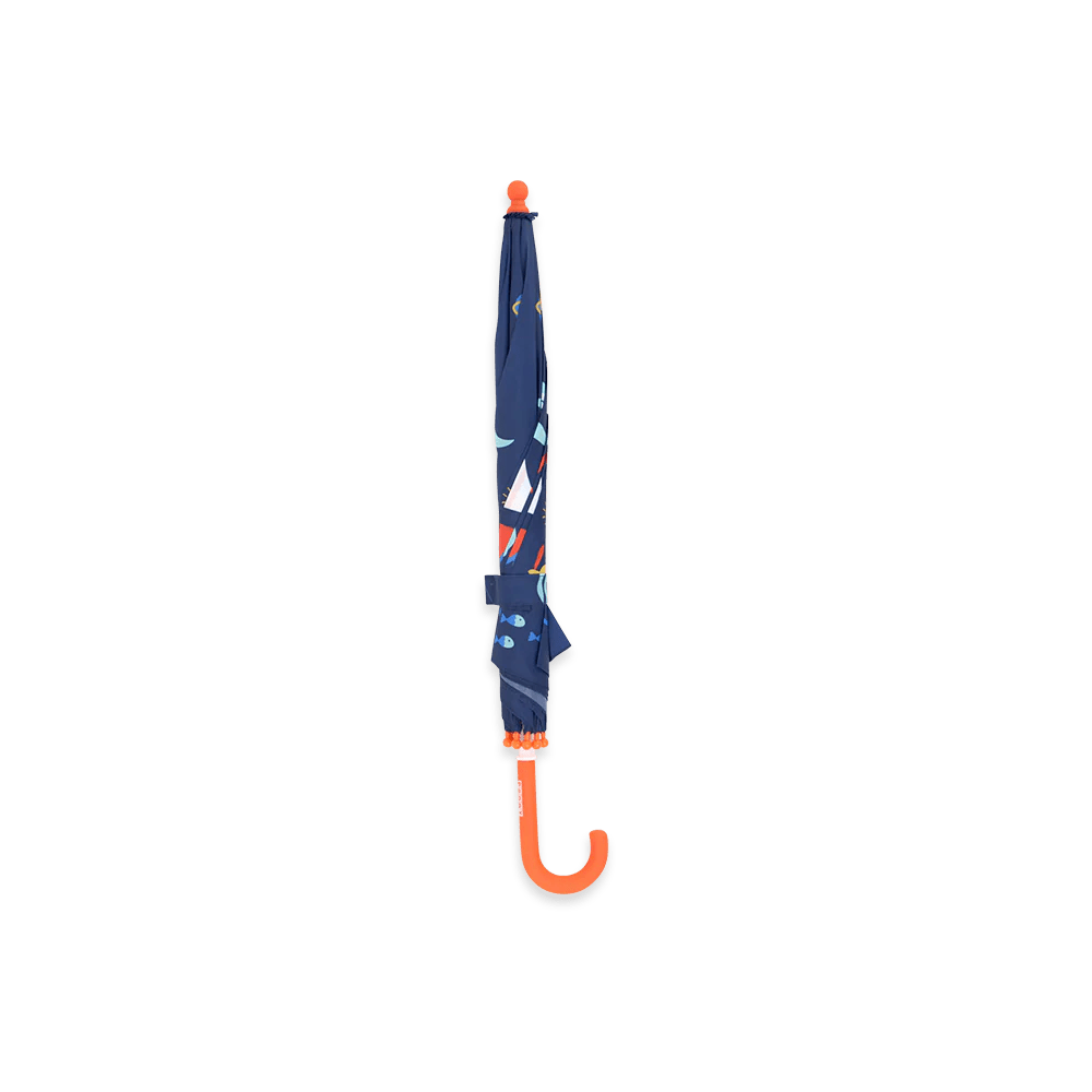 Penny Scallan Design umbrella, navy blue with colorful print, orange curved handle