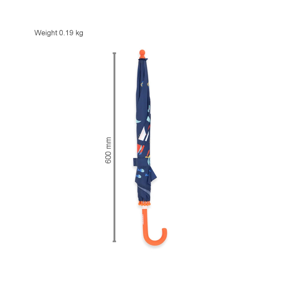 Penny Scallan umbrella, navy canopy with orange curved handle and playful print.