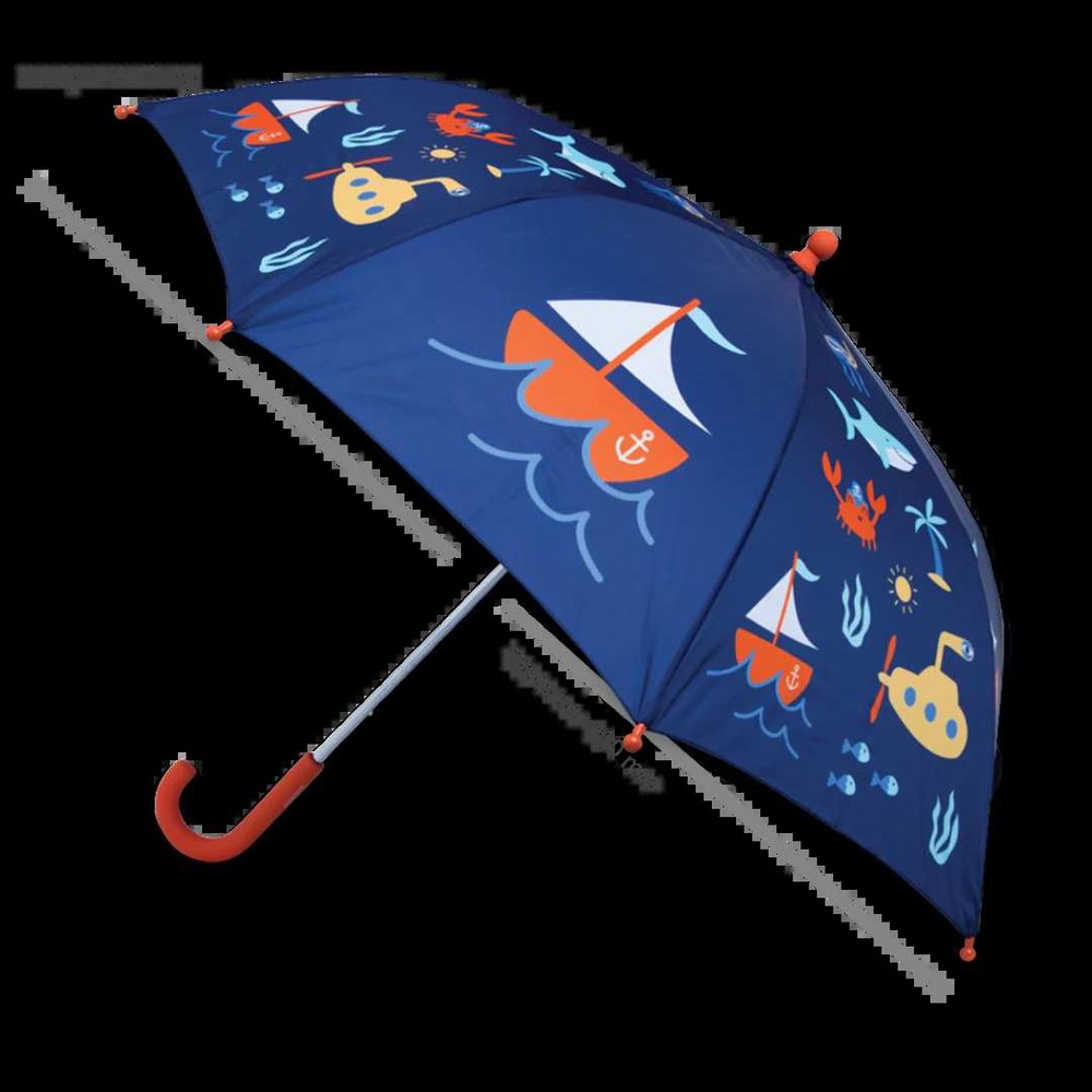 Penny Scallan design umbrella, blue canopy with nautical sailboats and anchors; orange handle.