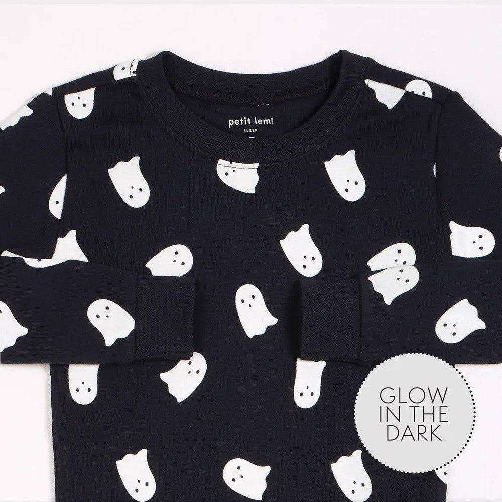 Petit Lem Ghosts Glow In The Dark Pajama Set: navy cotton with white ghost prints