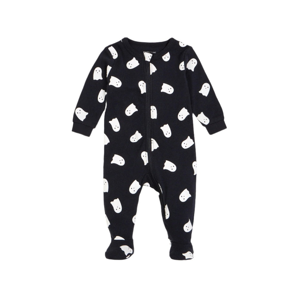 PETIT LEM Ghosts Glow In The Dark Sleeper in black with white ghost prints, front-zip for easy dressing