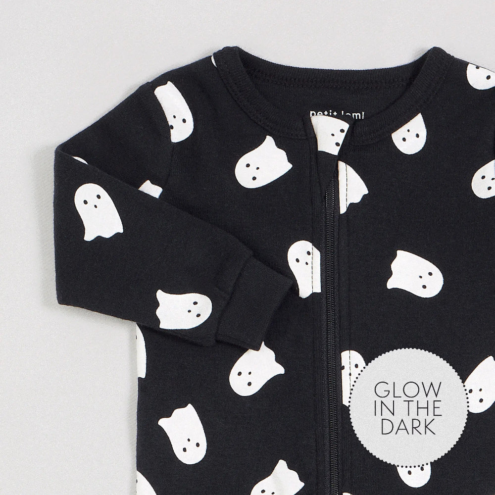 Petit Lem Ghosts glow-in-the-dark black baby sleeper with front zipper for easy diaper changes.