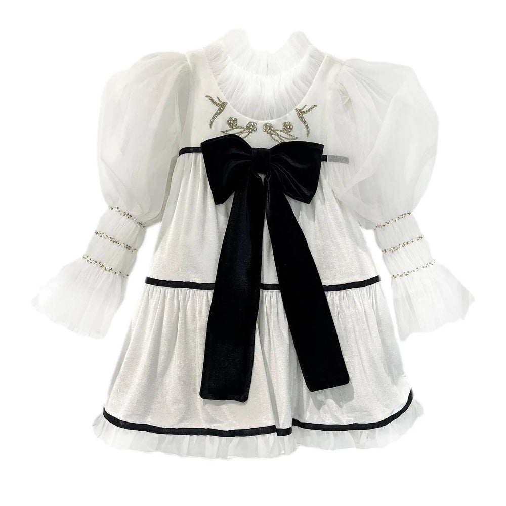 Petit Maison Kids Aurora Ivory Velour Dress with black bow at waist, sheer puff sleeves, gold embroidery