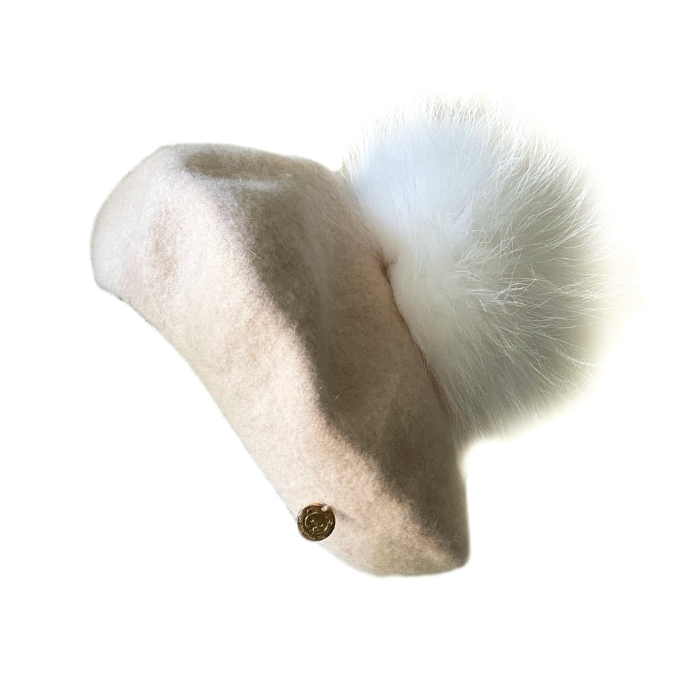 Petite Maison Kids cream wool beret with white fluffy pom pom