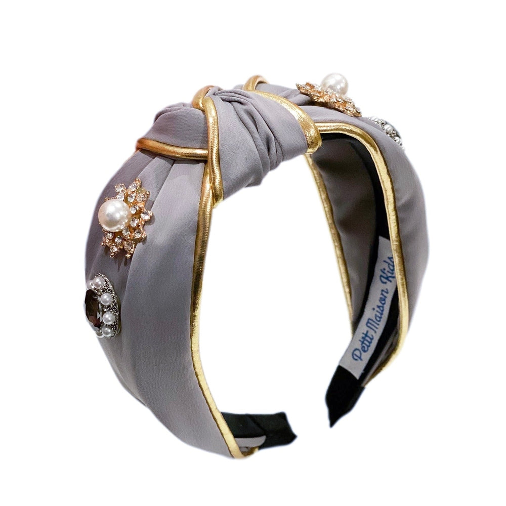 Petite Maison Kids Kylie headband gray fabric with gold trim and jeweled pearls