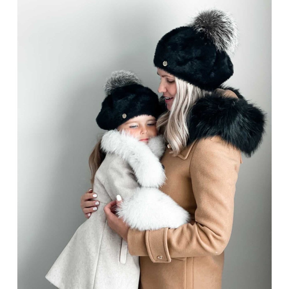 Petite Maison Kids Milana Noir beret set; black fur-trim hats with gray pom-poms for adult and child