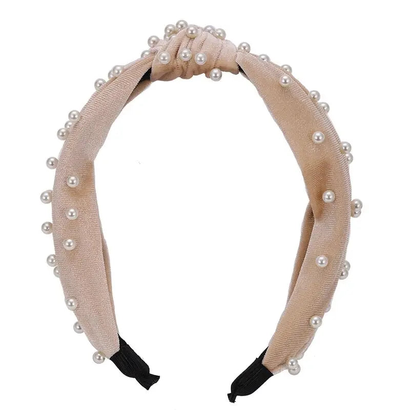 Petite Maison Kids Velvet Pearl Headband in beige; pearl-studded velvet band with a knotted top, ready to wear.