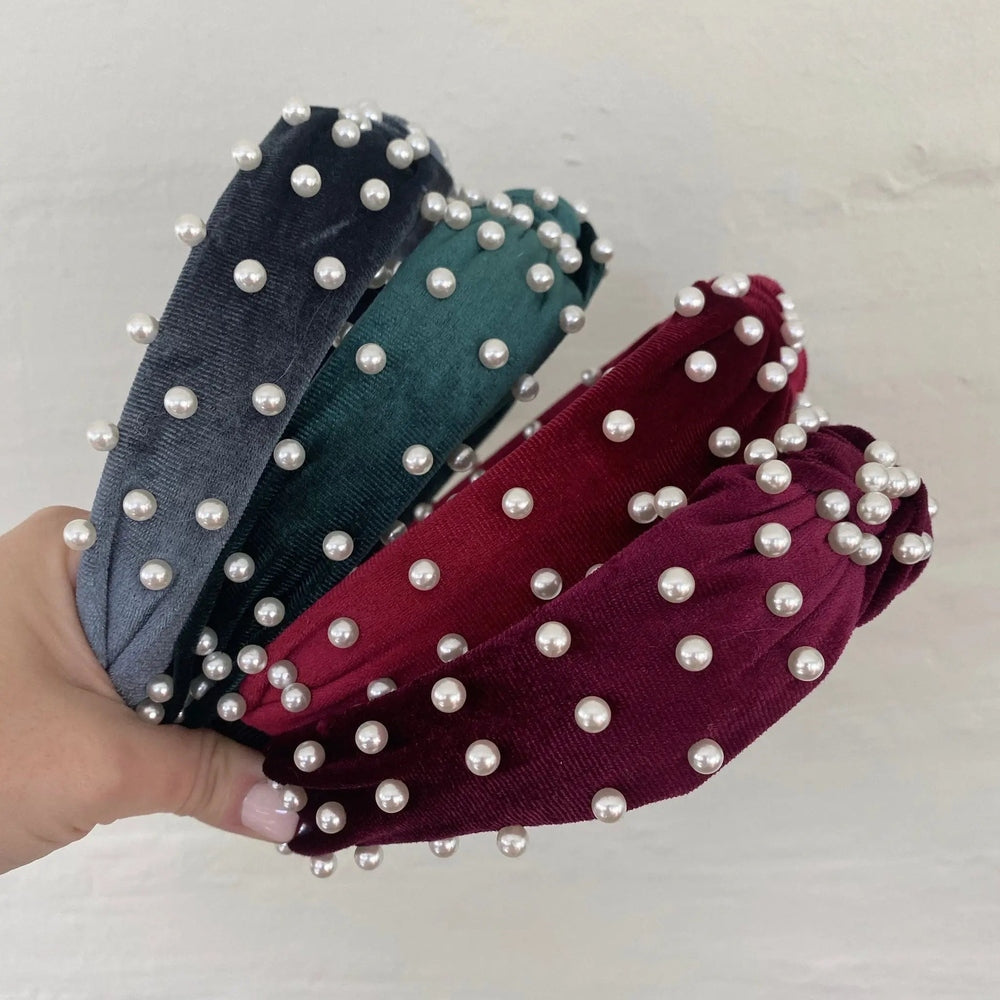 PETIT MAISON KIDS velvet pearl headbands in navy, teal, burgundy with scattered white pearls.